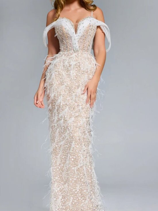 Jovani Dresses & Skirts - Jovani 44848 Spaghetti Straps Feathered Cold Shoulder Prom Dress White size 8